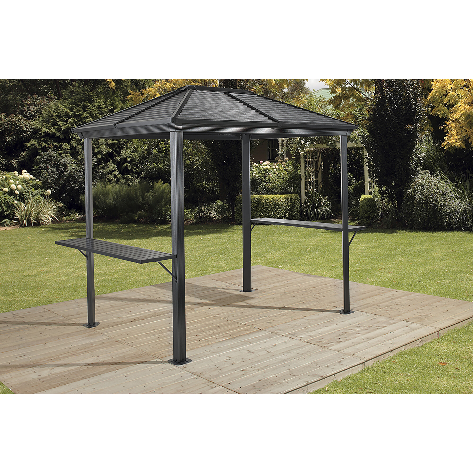 ShelterLogic Sojag BBQ Ventura Hardtop Grill Gazebo - Gray, Powder-Coated Aluminum Frame, Galvanized Steel Roof, 2 Shelves, Model# 500-9161427